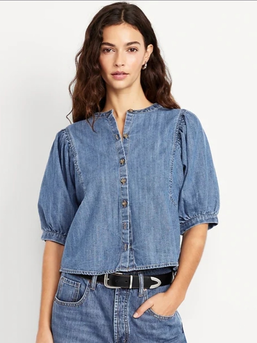 A New Aproach Denim Puff-Sleeve Button-Front Top Med Wash XL NWT
